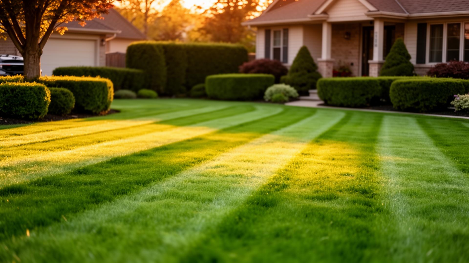 Freshly mowed Burlington lawn at golden hour