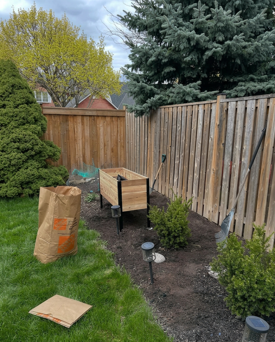 Backyard transformed with fresh mulch by Cordeiro Lawn & Landscape